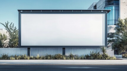 Obraz premium Empty outdoor billboard mockup ideal for displaying product highlights with space for a catchy descriptive banner and surrounding greenery.