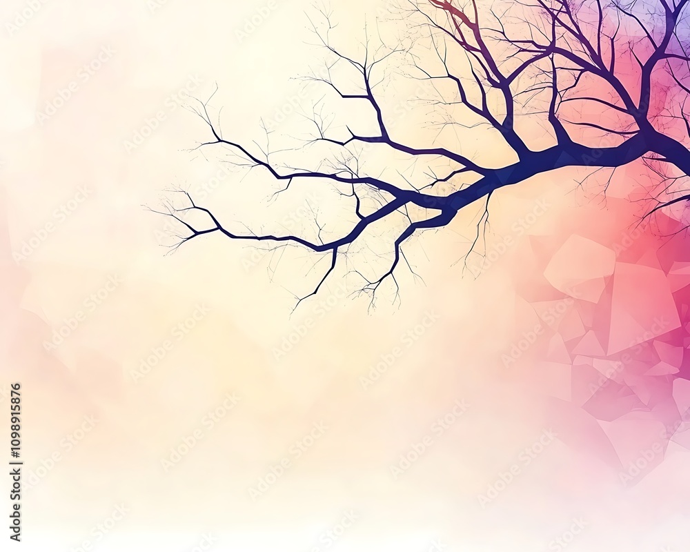 Poster silhouettes and compositions blending geometric, silhouette of a tree branch against a colorful back