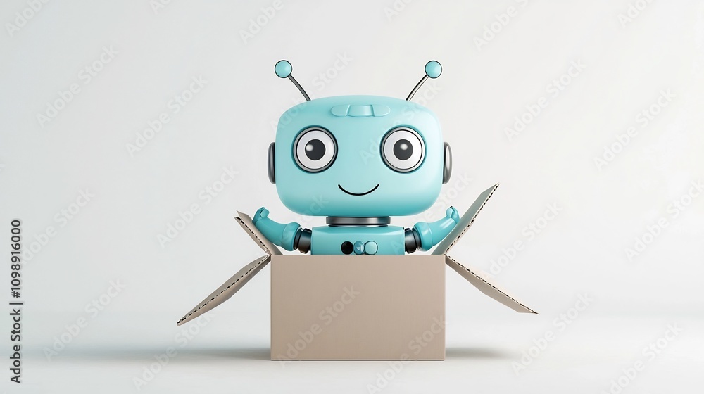 Poster Cheerful and Bright Cartoon Robot Character in 3D Style Emerging from an Open Delivery Box on Clean White Background  Futuristic Technology Modern Design and Creative Concept