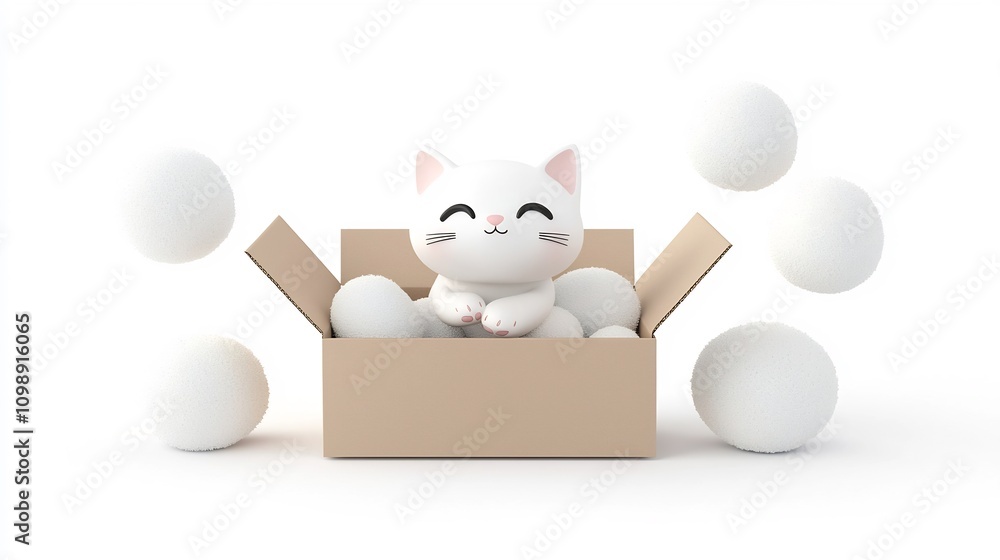 Poster cute 3d cartoon cat playing playfully inside a delivery box surrounded by soft packing material in a