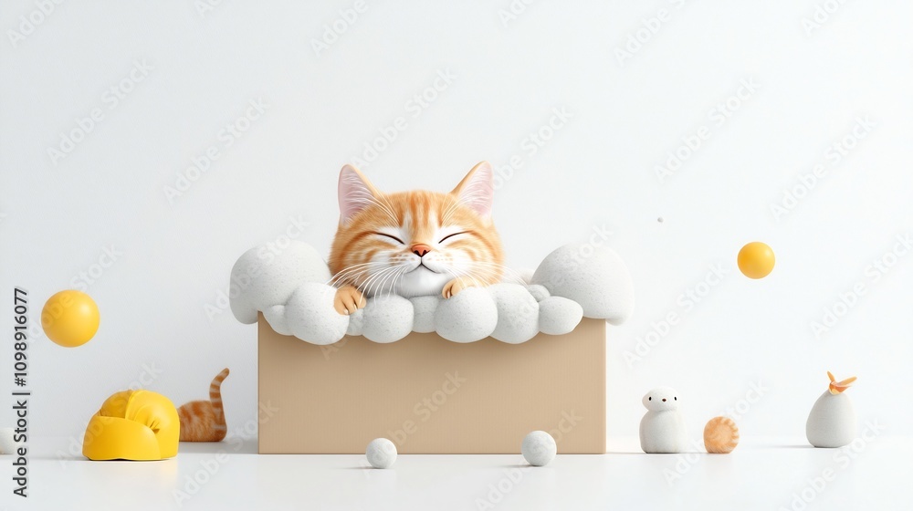 Poster Cute 3D cartoon cat playing playfully inside a delivery box surrounded by soft packing material on a clean white background  Whimsical of an adorable kitten exploring and enjoying a new package