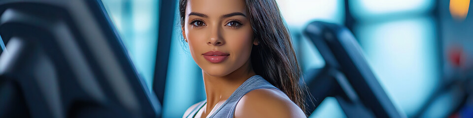 Fototapeta premium Hispanic woman working out at the gym, using a treadmill and lifting weights.