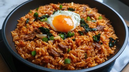 Kimchi Fried Rice Stir-Fried with Kimchi, Topped with a Fried Egg, and Enhanced with Meat, Onions, and Vegetables for a Flavorful Meal