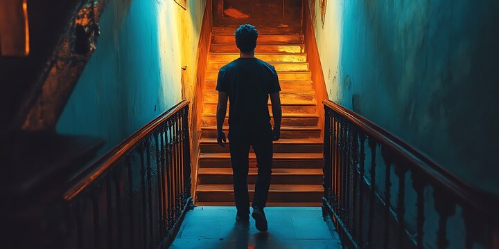 Man walking up dimly lit stairs. Mystery, suspense, journey concept.