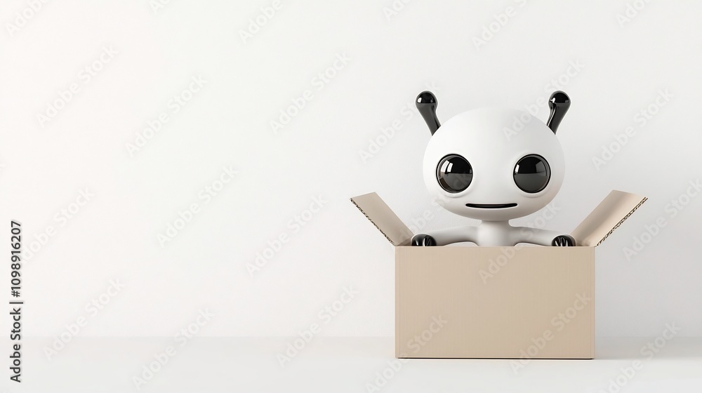 Poster cartoon alien character in minimalist 3d delivery box cute and quirky extraterrestrial creature insi