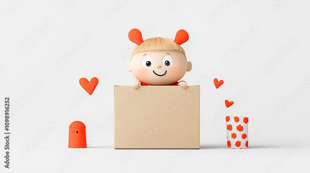 Poster cheerful and playful cartoon character of a child peeking curiously from inside a detailed delivery 