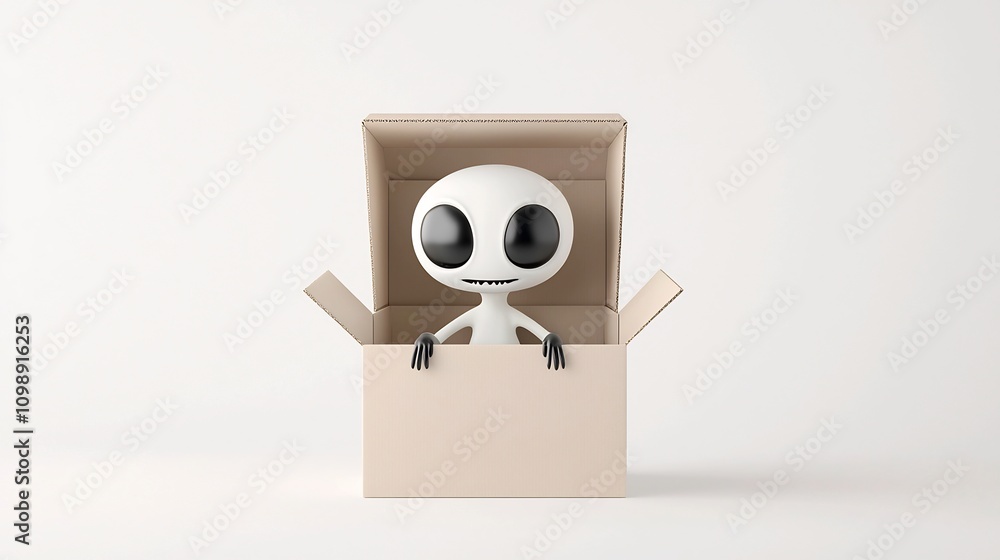 Poster cute 3d cartoon alien character enclosed in minimalist white shipping delivery package or box on pla