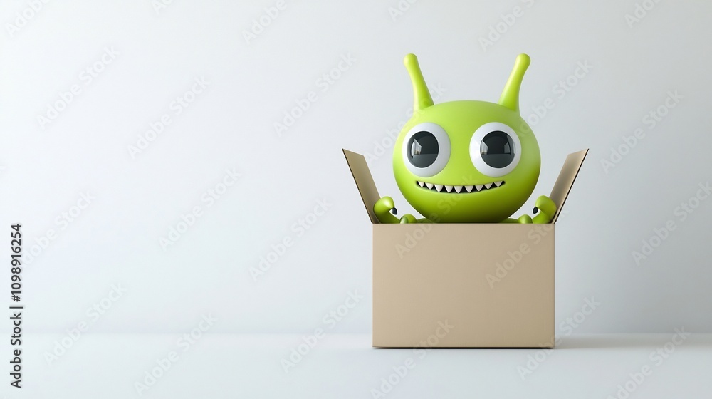 Poster whimsical cartoon alien character in a 3d art style peeking out from a minimalist white delivery box