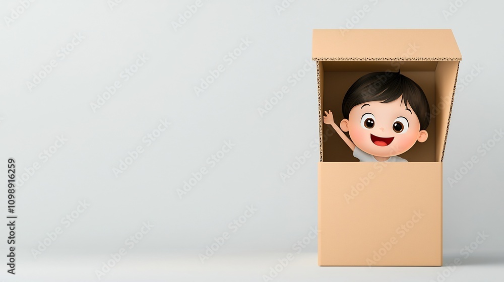 Poster cheerful and playful 3d cartoon character of a child peeking out curiously from a detailed delivery 