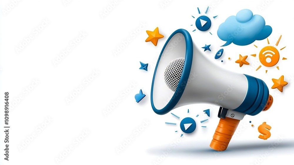 Poster vibrant design depicting the concept of communication skills with various elements such as microphon
