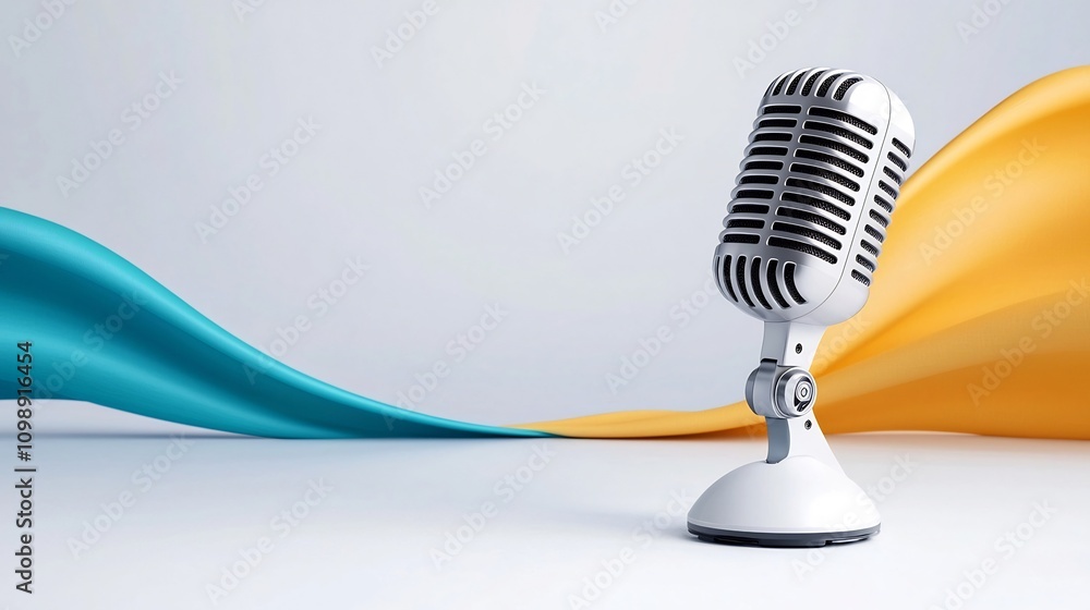 Leinwandbilder Vocal Cords Represented by Abstract Waves and Microphone Symbol   Digital Emphasizing Articulation and Sound Communication on White Background