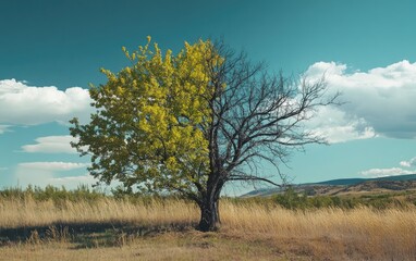 Fototapeta premium A tree with two branches, one is green and the other is brown