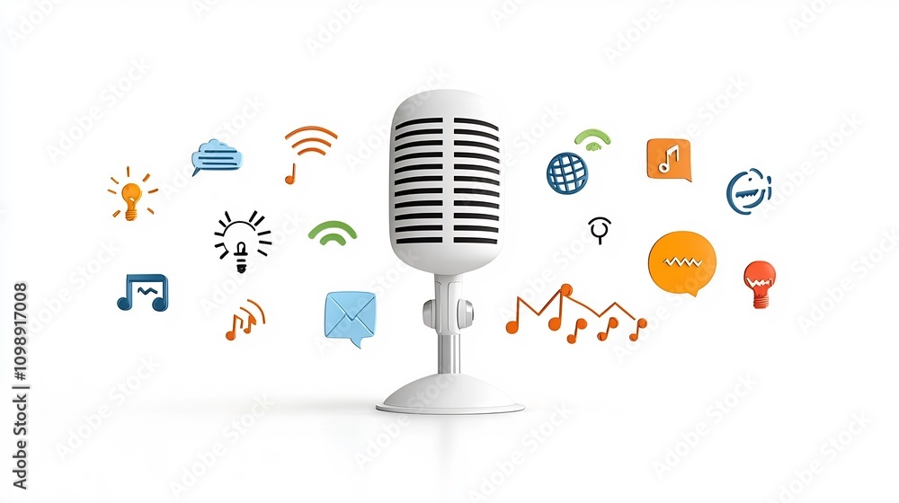 Poster conceptual depicting a microphone with sound wave intonation arcs and communication symbols against 