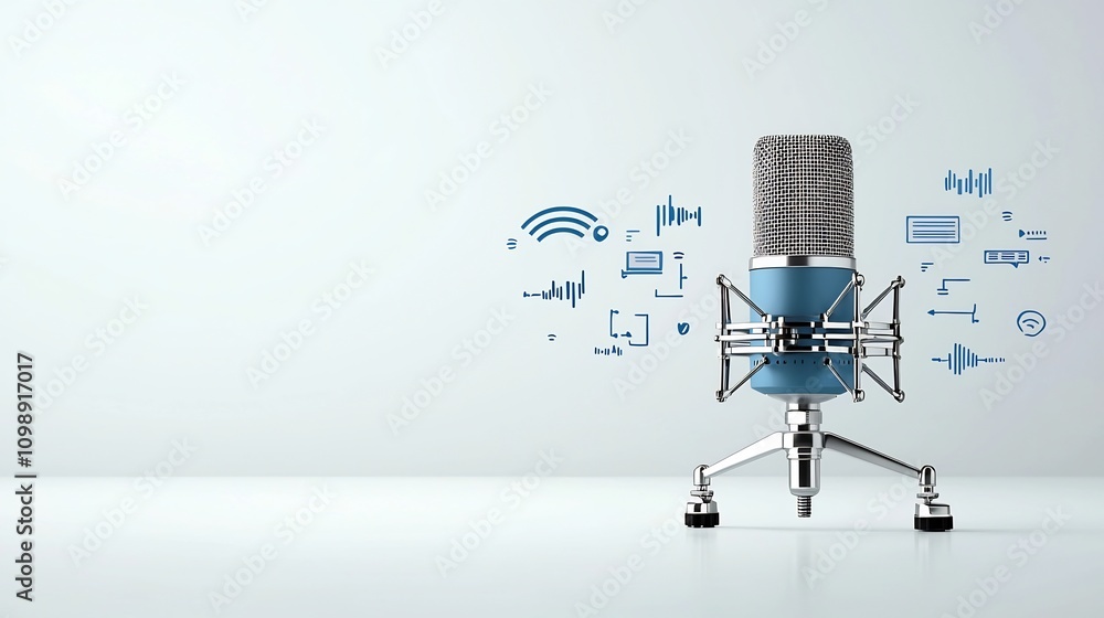 Poster conceptual of a microphone with sound wave intonation arcs and communication symbols on a clean whit