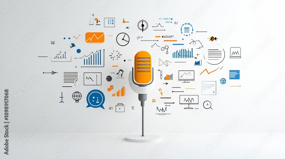 Leinwandbilder Conceptual depicting a microphone with sound wave intonation arcs and communication symbols on a clean white background  This image represents the concept of audio technology broadcasting