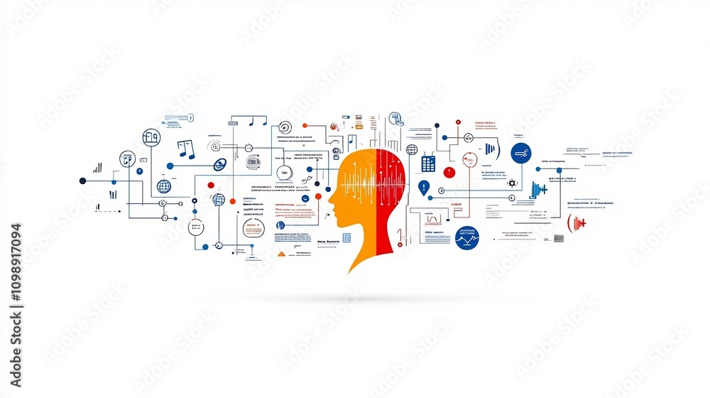 Poster Dynamic depicting a talking figure surrounded by abstract sound frequency patterns representing the intonation and clarity of voice against a clean white background