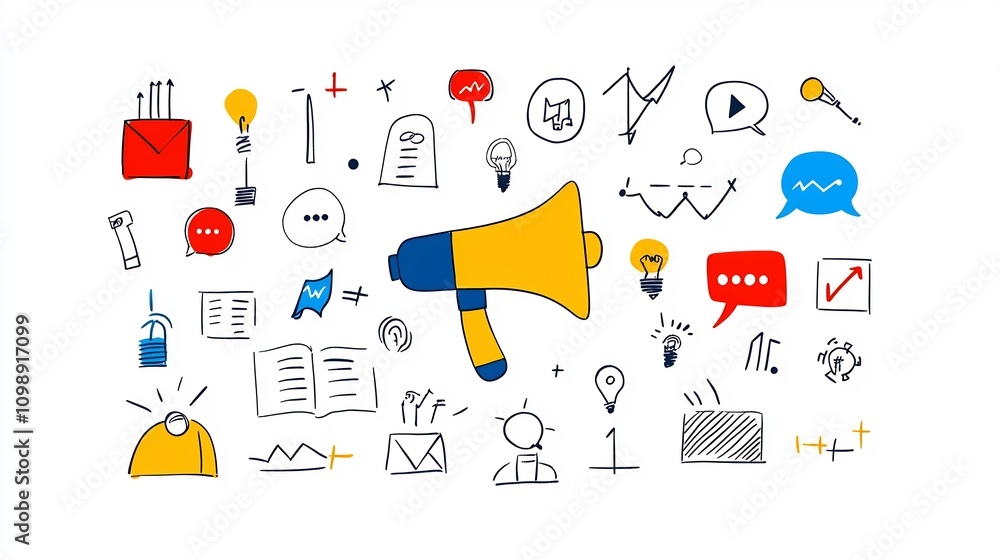 Poster detailed art showcasing a creative and modern visual representation of communication symbols includi