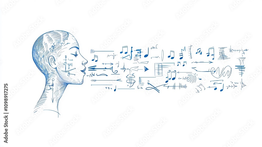 Poster sleek and stylized art depicting a narrator or broadcaster figure with dynamic flowing sound waves e