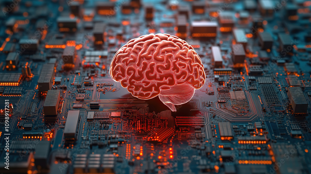 Poster abstract design with brain and circuit boards in the background illustrating neural networks