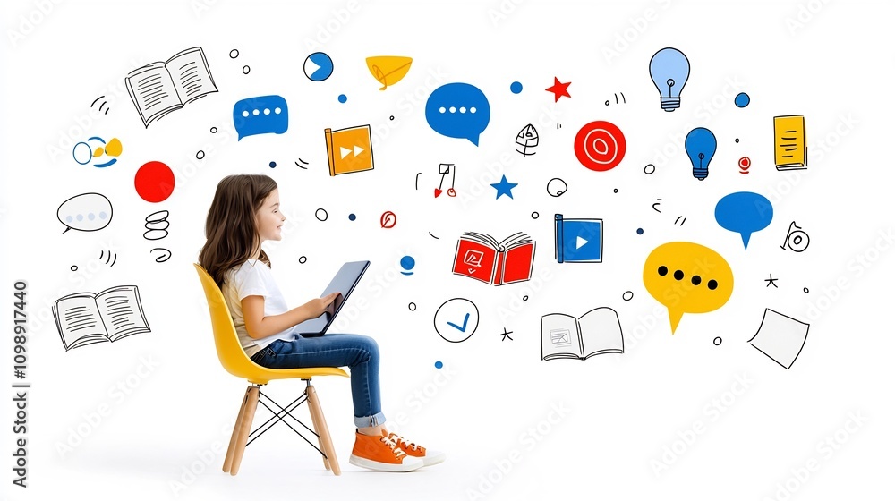 Poster Vibrant digital depicting a storyteller narrating a tale with icons of open books and clear sound waves on a clean white background representing the clarity and power of storytelling to communicate