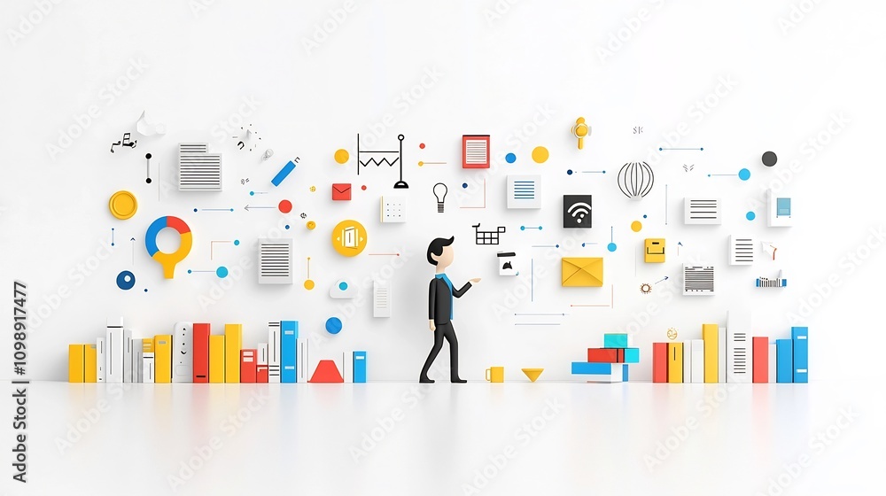 Poster Vibrant digital depicting a storyteller or narrator speaking with clear sound waves emanating from them surrounded by icons of books or literature all set against a clean white background