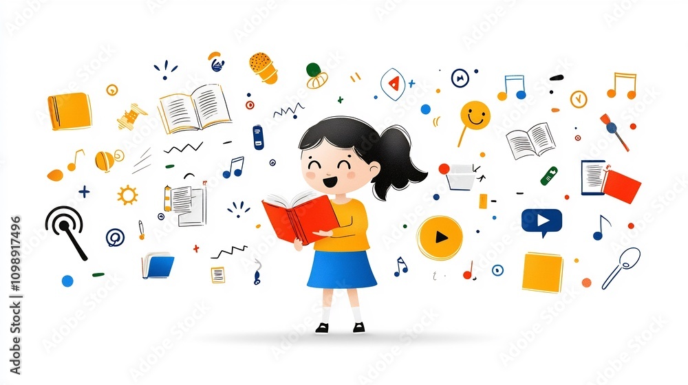 Poster Vibrant and imaginative depicting a storyteller narrating with icons of open books and clear sound waves on a clean white background showcasing the power of communication education