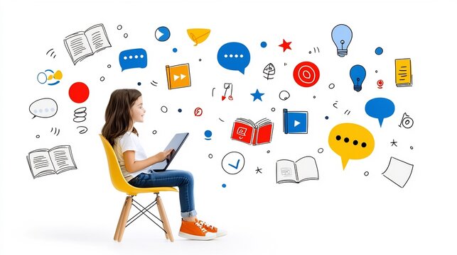 Vibrant digital depicting a storyteller narrating a tale with icons of open books and clear sound waves on a clean white background representing the clarity and power of storytelling to communicate