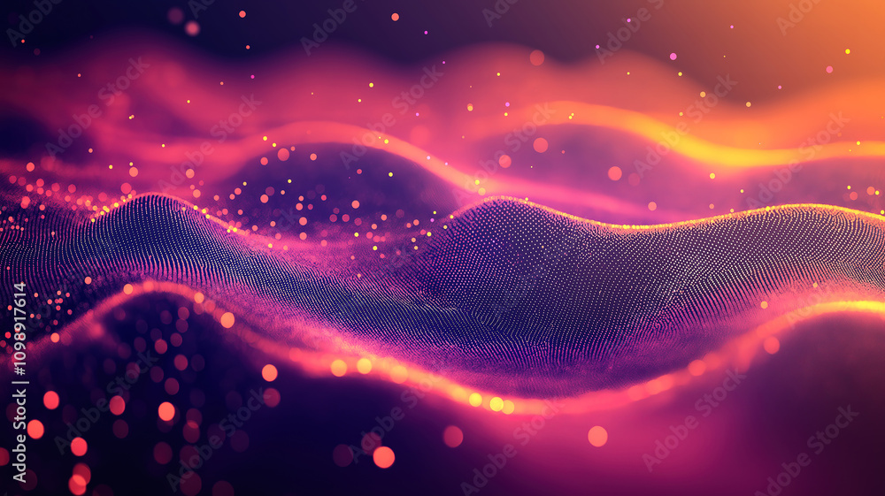 Poster graphic design featuring a grid surface and network illustration with particles