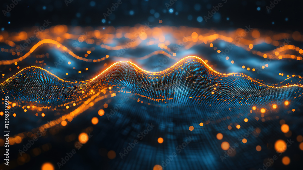 Poster dark-themed abstract technology background with chaotic polygonal grid and cryptography