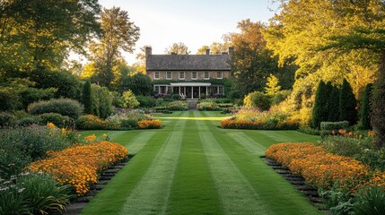Obraz premium Lush manicured lawn framed by vibrant flowerbeds and deciduous shrubs, featuring closely mowed grass, creating a picturesque outdoor setting.