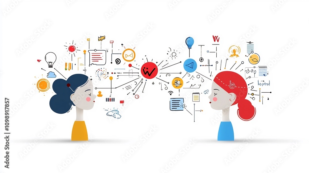Poster Vibrant abstract design showcasing the concept of voice and dialogue with expressive intonation symbols and dynamic sound arcs connecting two figures on a clean white background