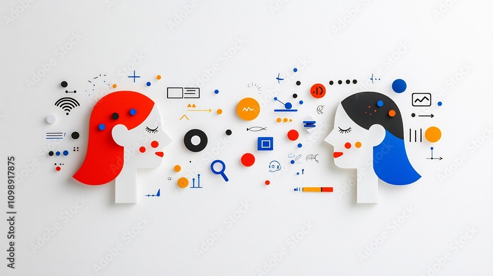 Fototapete Vibrant abstract design depicting the dynamic connection and communication between two figures through expressive sound arcs and intonation symbols on a clean white background