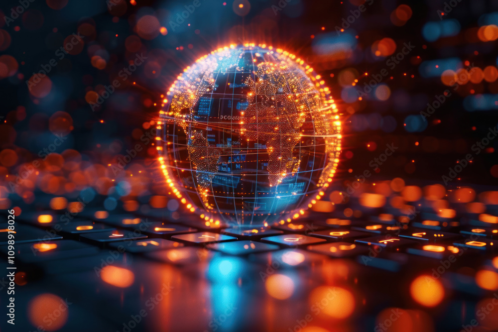 Poster a vibrant digital rendering of a globe floating above the keyboard.  