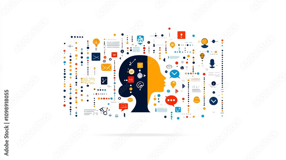 Fototapete of a stylized figure speaking with dynamic hand gestures and vibrant sound symbols representing an e