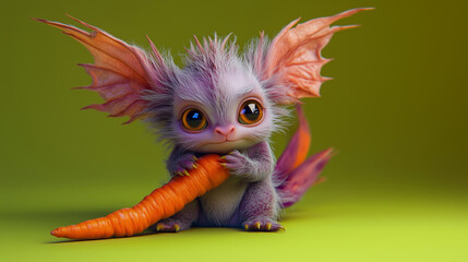 Fototapeta premium Adorable Purple Furry Bunny Dragon Holding Carrot Green Background