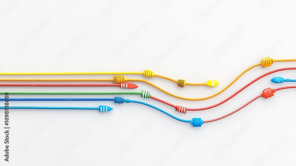 Poster Colorful abstract design visualizing a complex fiber optic network with light beams flowing through cables representing data transmission and high tech connectivity on a white background