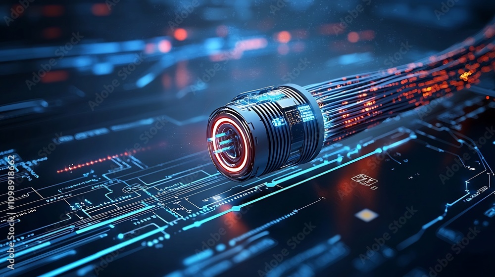 Poster of fiber optic cables with glowing light trails symbolizing high speed data transmission on a white 