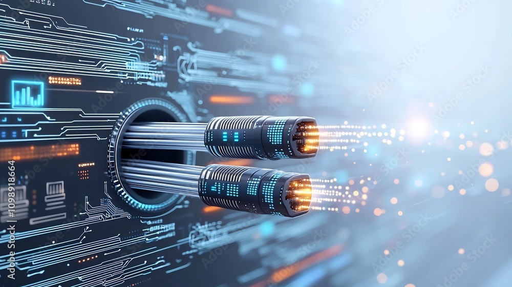 Poster creative design of fiber optic cable ends with glowing light and data flow elements representing adv