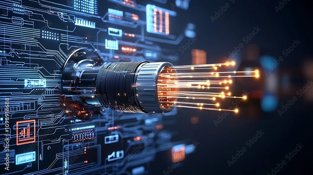 Poster Creative design of fiber optic cable ends with glowing light and data flow elements representing advanced digital connectivity and high tech network infrastructure on a white background