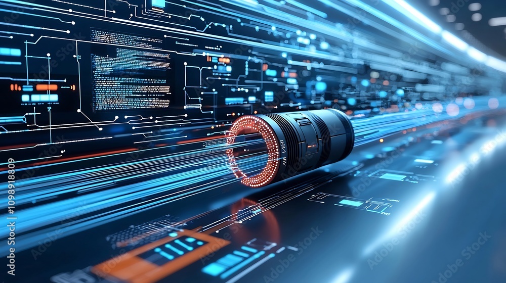 Poster Dynamic depicting a futuristic fiber optic network system with intricate cables and luminous light waves showcasing seamless data transmission against a clean white background