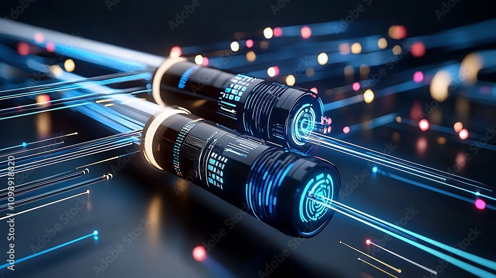 Aufkleber captivating showcasing a futuristic scene with glowing fiber optic cables emitting vibrant beams of 