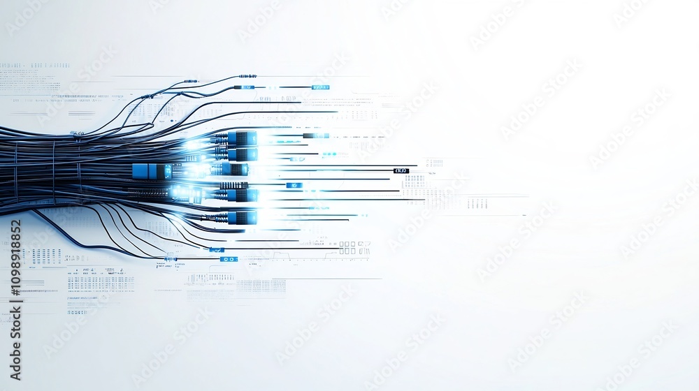 Aufkleber striking digital of a dynamic futuristic fiber optic network with complex cables and luminous light 