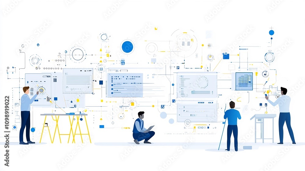 Poster depicting technicians carefully installing fiber optic cables in a sleek modern digital setting glow