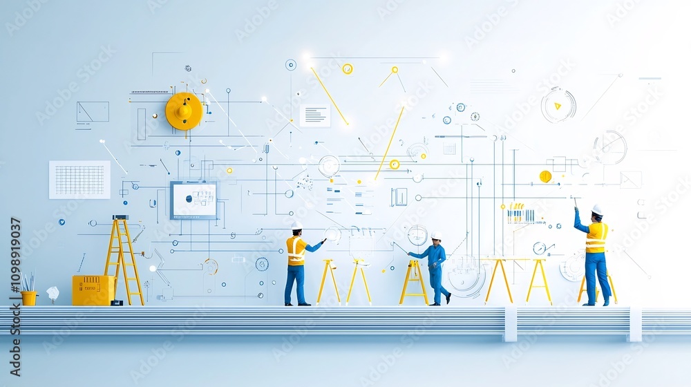 Leinwandbilder of technicians installing and connecting fiber optic cables with glowing light trails in a clean modern office or studio setting on a white background  Concept of high speed internet