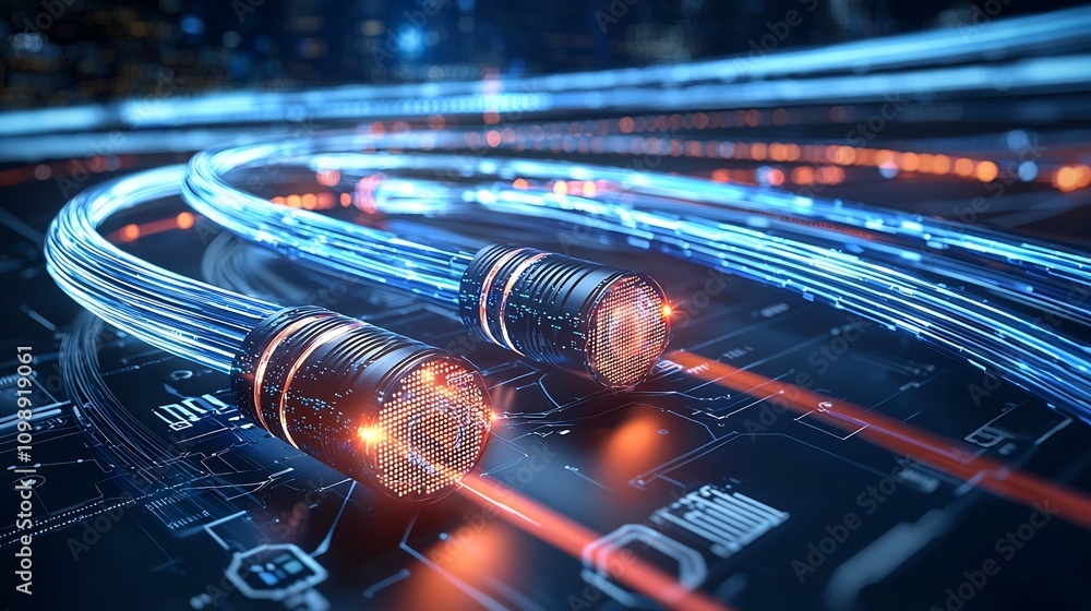 Aufkleber stunning art depicting a cluster of glowing fiber optic cables with dynamic light trails and high te
