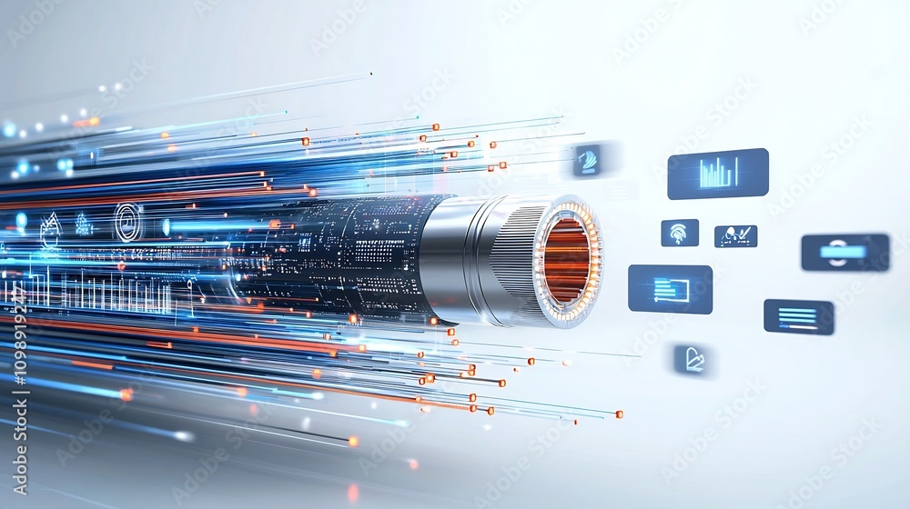 Poster Vibrant and futuristic of a cluster of glowing fiber optic cables with dynamic light trails and high tech elements against a white background creating an abstract and innovative digital art design