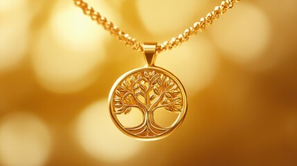Elegant Gold Tree of Life Pendant on a Shiny Golden Background
