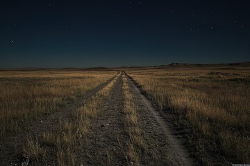 Fototapeta premium Nighttime dirt road stretches into the horizon under a starry sky in an open plains landscape