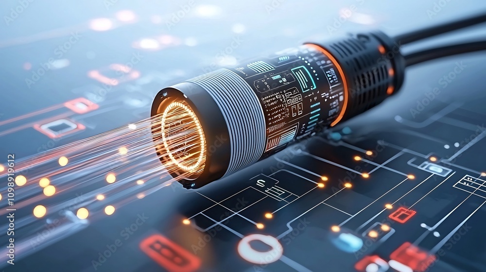 Poster Futuristic of a fiber optic cable infrastructure with glowing lights connecting a digital network system on a white background  The image showcases a complex