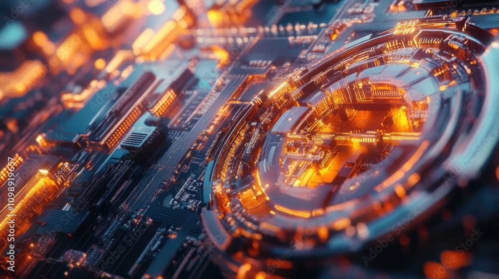 Poster futuristic circuit board with intricate shapes and glowing orange highlights against a dark technolo